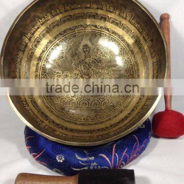 High Quality Green Tara and Buddhist Mantra Carving Energetic Healing Singing Bowl