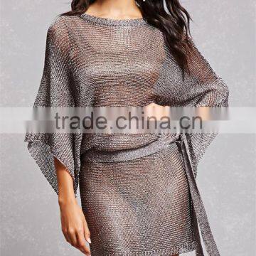 china whosale OEM clothing 3/4 dolman sleeves Metallic Open-Knit Dress