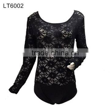 Adult women sexy long sleeve black lace leotard