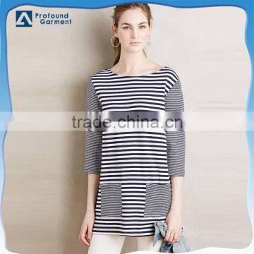 Spring fashional wholesale longline extended blank striped pocket 3/4 sleeve t shirt for women