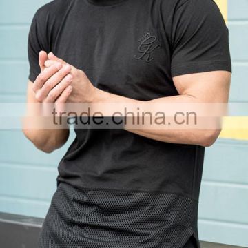 Stylish Blackout Hem Mesh Panel T-Shirt for Men Black Plain Cotton Spandex Gym T Shirt Short Sleeve Curved Hem T Shirt