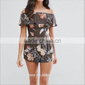 Women Fashion Sexy Dress Custom Summer Beach Wear Floral Off Shoulder Shorts Jumpsuits photo-4