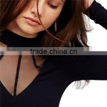 2017 OEM Super Stretchy Cool Sheer Cage Mock Neck Blouse Shopping photo-3