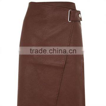2017 OEM Spring Elegant Snap Wrap Midi Faux Leather Skirt photo-5