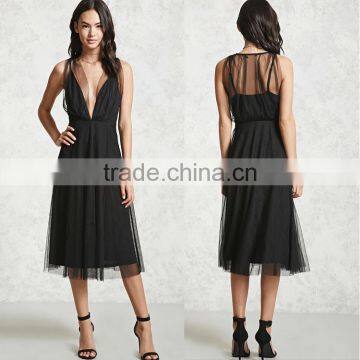 Top quality new summer for women slim black lace midi deep-V neck sexy fashion dress