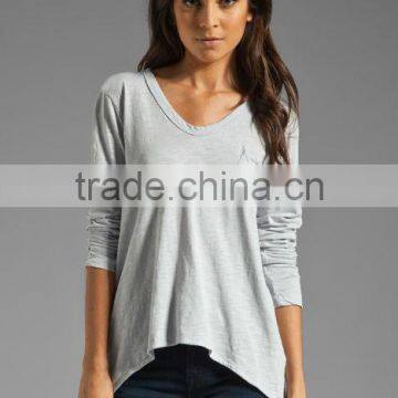 front breast pocket asymmetric hem v-neck collar t-shirt