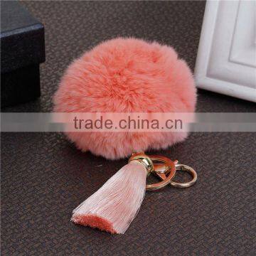 Gold Plated Korea Pink Angora Pom Pom Ball Peachy Beige Rayon Tassel Key Chain