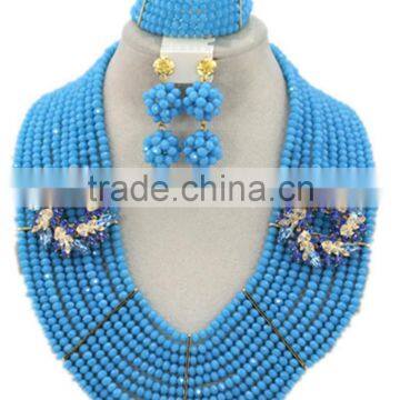 10layers Sky Blue Crystal Beads with Brooches Nigerian Jewelry Set