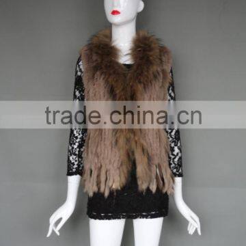 Wholesale Short Slim Rabbit Fur Vest With Raccoon Fur Collar/Fashion Fur Gilet With Fine Workmanship