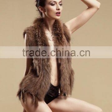 Sexy style natural rabbit fur vest with raccoon fur collar for lady multi color