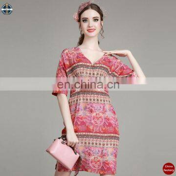 T-D061 Women Traditional Rayon Deep V-neck Vintage Printed Dress