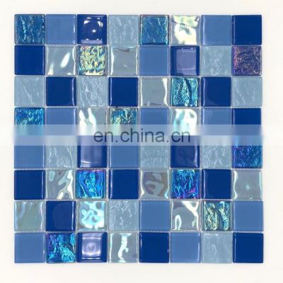 Exterior wall mosaic crystal glass mosaic tiles with mesh-back,easy to pave for bathroom blue swimming pool glass mosaic