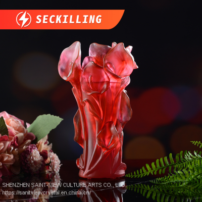 Seckilling Stock On Sale H20cm Arabic OUD Bakhoor Burner Crystal Glass Flower Design Large Size Red Color photo-2