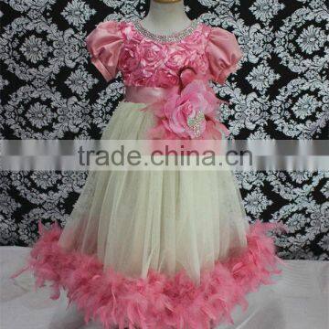 Pink feather baby girl feather dress children wedding dress evening party dress for girls