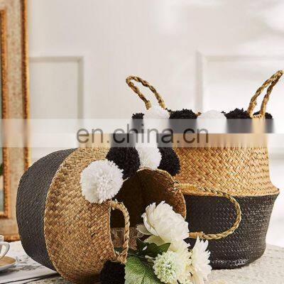 Dipped Black Seagrass Belly Basket With Pompom Plant Holder Storage Basket Decor Home High Quality