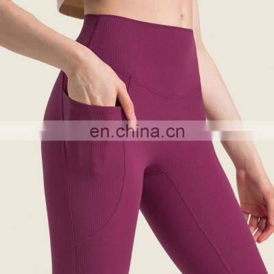 Wholesale Fitness Gym Ribbed High Waist Butt Lift Tummy Control Tight Workout Sports Yoga Leggings Pants With Pocket For Women photo-4