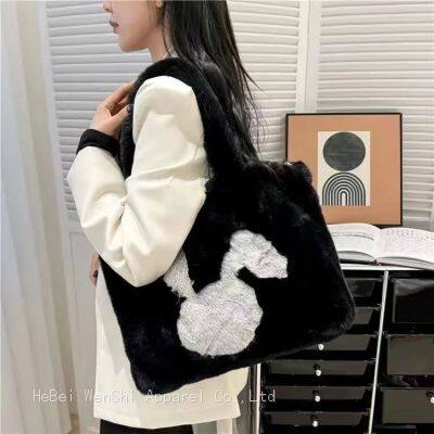 34Winter plush bag square large capacity female bag soft handbag shoulder cute rabbit fashion fur bag wholesale