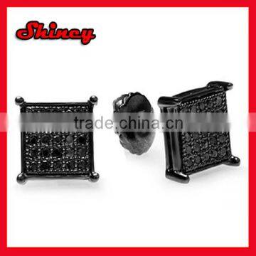 Fashion silver square earring with black plated_mirco pave black cz silver earring