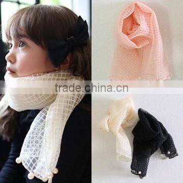 Wholesale Autumn Winter Latest Fashion Cute Lovely Pearl Beads Gauze Lace Girl Scarf