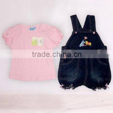 cotton short sleeve T-shirt +jeans overalls girls 2pcs children clothes