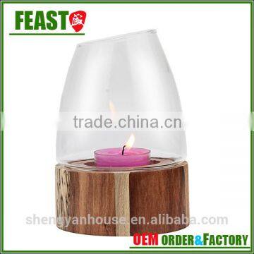 2015 New Design Glass Candle Holder Decorative Candle Jar With Wood Stand