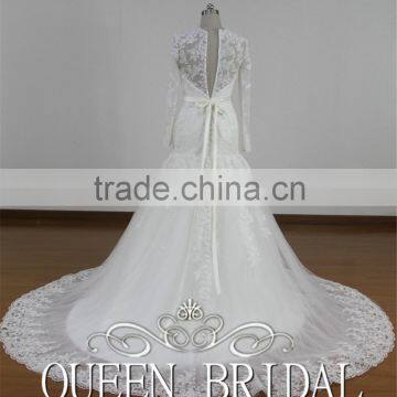 Real Sample Appliqued Lace Long Sleeve Mermaid Islamic Wedding Dress Patterns photo-4