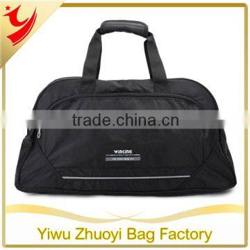 Black named nylon duffle bag with handles and shoulder