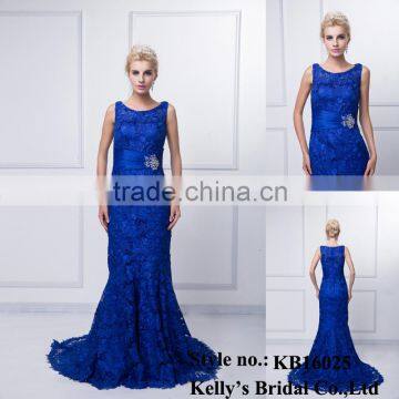 2015 newest 100% real photos custom made trailing royal blue lace drycleaning sleeveless elegant plain dyed evening dress