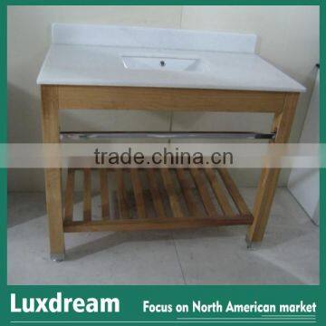 Nature finish hotel bathroom vanity with white carrara marble top