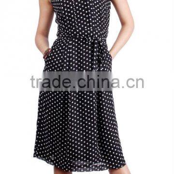 2015 Top quality Best price Black & white sleeveless dot long dress with pocket