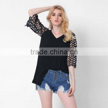 Black V Neck Models for Summer Three Quarter Sleeve Womens Plus Size Blouse photo-2