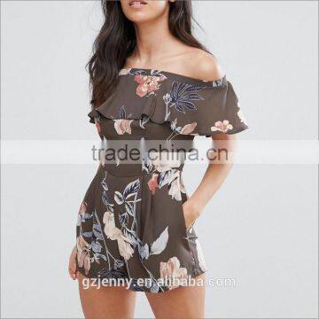 Women Fashion Sexy Dress Custom Summer Beach Wear Floral Off Shoulder Shorts Jumpsuits photo-3