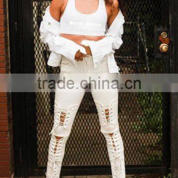 M1192 Runwaylover Hollow Cross Bandage Tight Pants Autumn Demin Pants photo-3