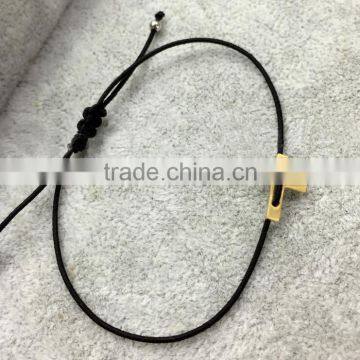 Stainless Steel Small Christian Cross Charm Elastic Black String Adjustable Bracelet Hand Braid Simple Stretching Cord Bracelet