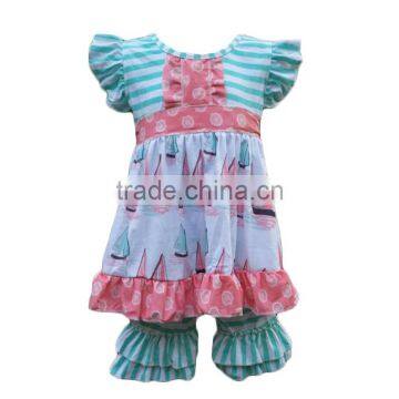 Girls stripe ruffle pant And Tunic Boutique flutter sleeve Sailing pattern top custom design wholesale clothing for kids