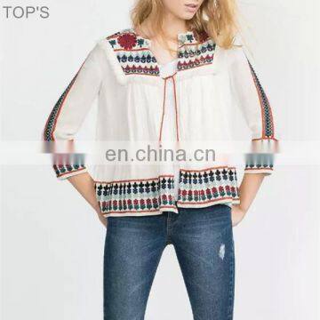 Women embroidery blouses floral vintage loose office linen tops ladies shirts