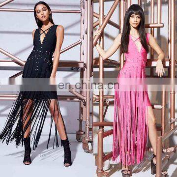 Latest Design Fashion Sexy Sleeveless Tassels Maxi Dresses Women For Party