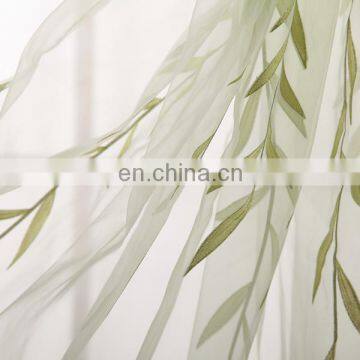 beautiful green leaf flocking polyester flocking organza curtain for living room