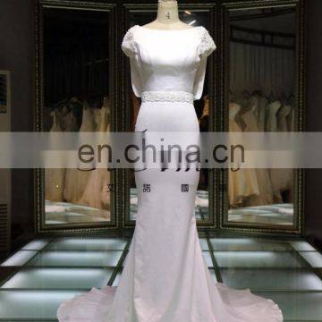 Cotton Trumpet wedding dress 2016 Round Neck Back Open Cross Lacing Beaded Mermaid Long trailed Wedding Dress