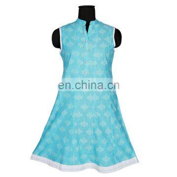 BLUE WHITE LEAVE PRINT HIGH COLOR SHORT ANARKALI DRESS FOR CUTE GIRL