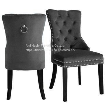 Dark Grey Velvet Dining Chair in Solid Wood with buttons,nailhead,knocker and tufted designs