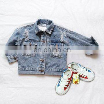 Spring and summer light blue ripped denim jacket children's loose bf wind girls distressed denim jacket