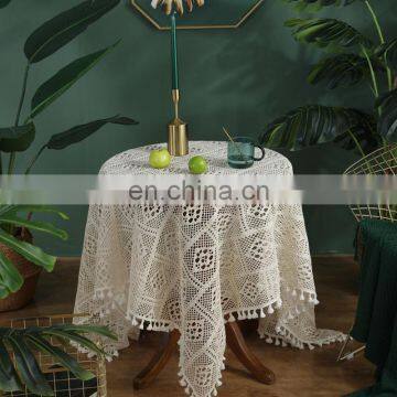White Blend Fabric Handmade Crochet Hollow Square Table Cover Tablecloth With Tassel photo-5