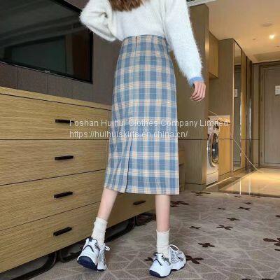 Women's New Retro High Waist plaid skirt Korean version slim split Hip Wrap medium length skirt