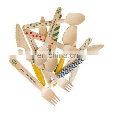 Yada Custom Printed High Quality Utensils 140mm 160mm Birch Disposable Spoon Fork Knife Set Wooden Cutlery