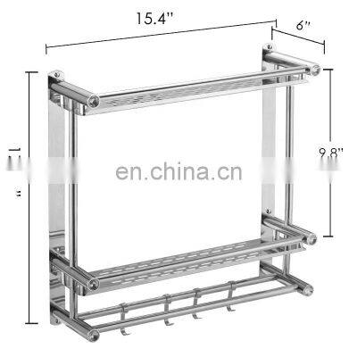 Hot Two Tier Wall Mounted Bathroom Rack Bathroom Shelf Stainless Steel Towel Rack Hanging Rack Shampoo Storage Organizer w Hook photo-3