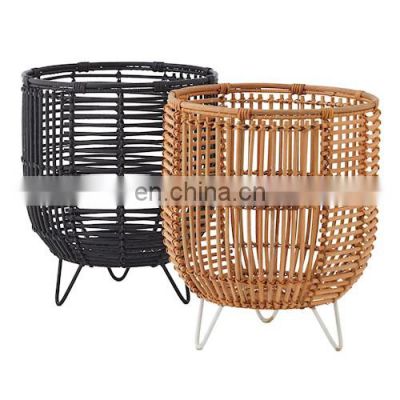 Eco Friendly Woven Rattan Plant Stand With Metal Leg Plant Holder Unique Wicker Flower Pot Holder Basket Wholesale