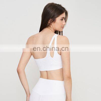 Ribbed One Shoulder Sports Quick Dry Bras Custom Logo Hollow Straps Yoga Crop Tops