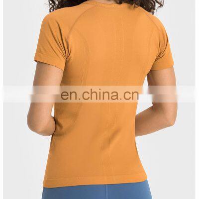 Custom Logo New Soft Slim Yoga Short Sleeve Breathable Workout Running Round Neck Gym Fitness Quick Dry Sports Wear For Women photo-3