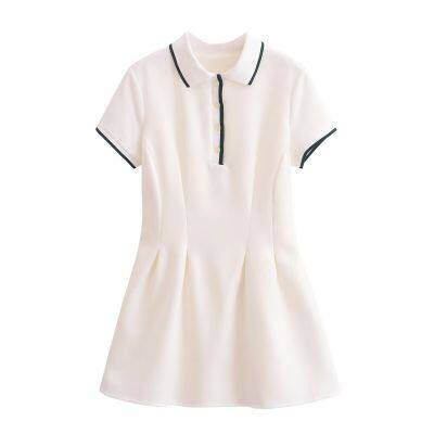 Spring New European and American Wave Style Wide Swing Short Sleeve Collar Dress for Women
